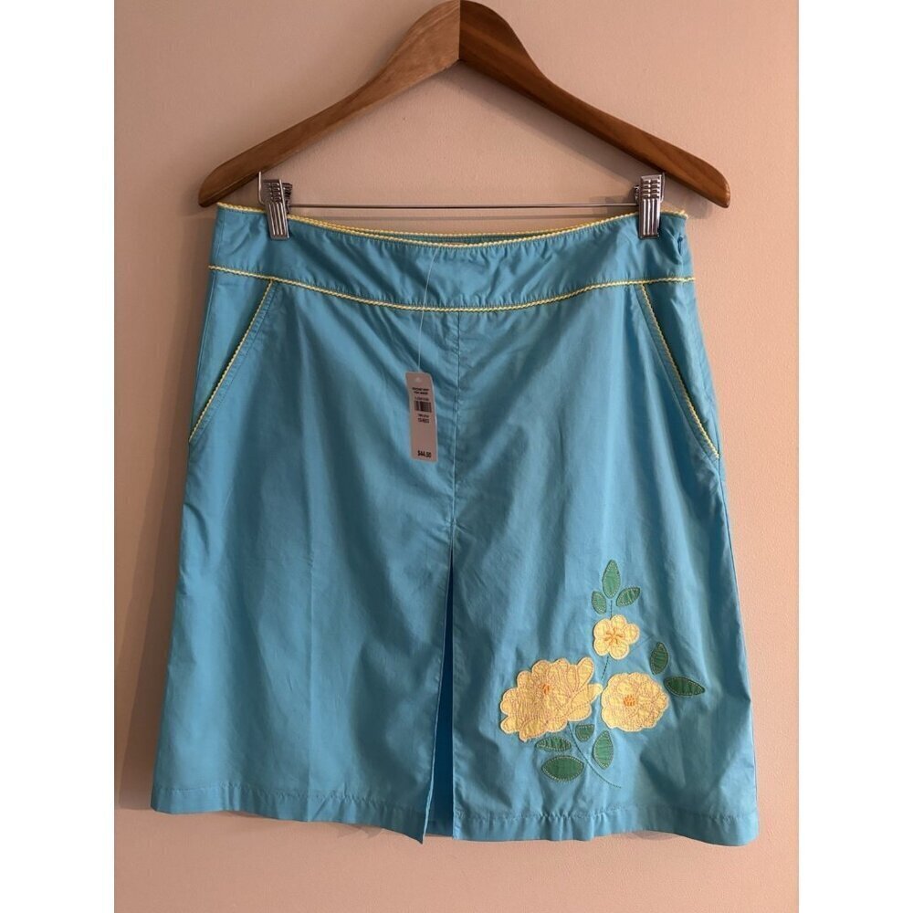 LL Bean Skirt Womens 10 Reg Blue Cotton A-line Floral Embroidery Flowers NEW - Picture 2 of 10